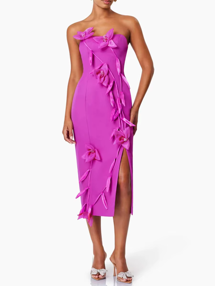 Elegant Strapless Solid Slimming Spliced Appliques High Waist Split Midi Dress - Image 2