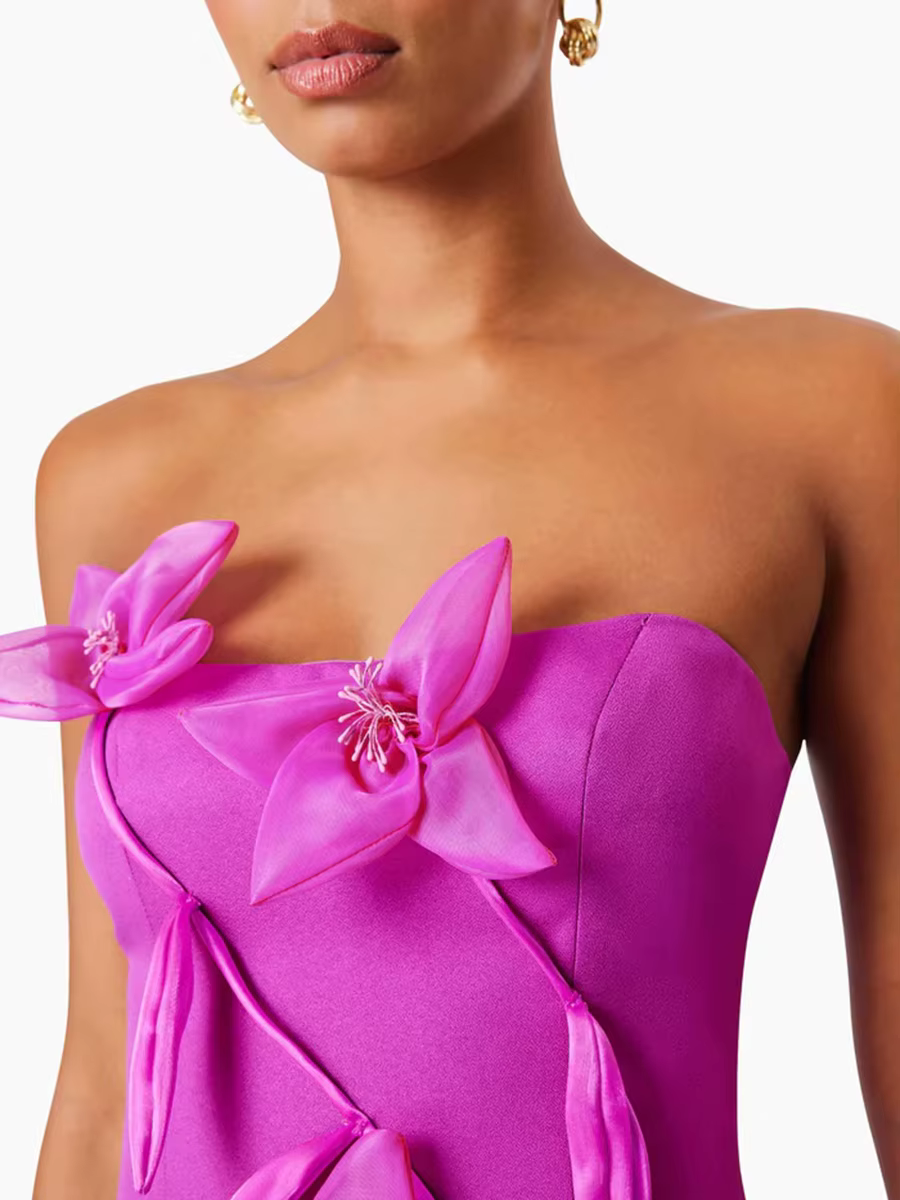 Elegant Strapless Solid Slimming Spliced Appliques High Waist Split Midi Dress - Image 5