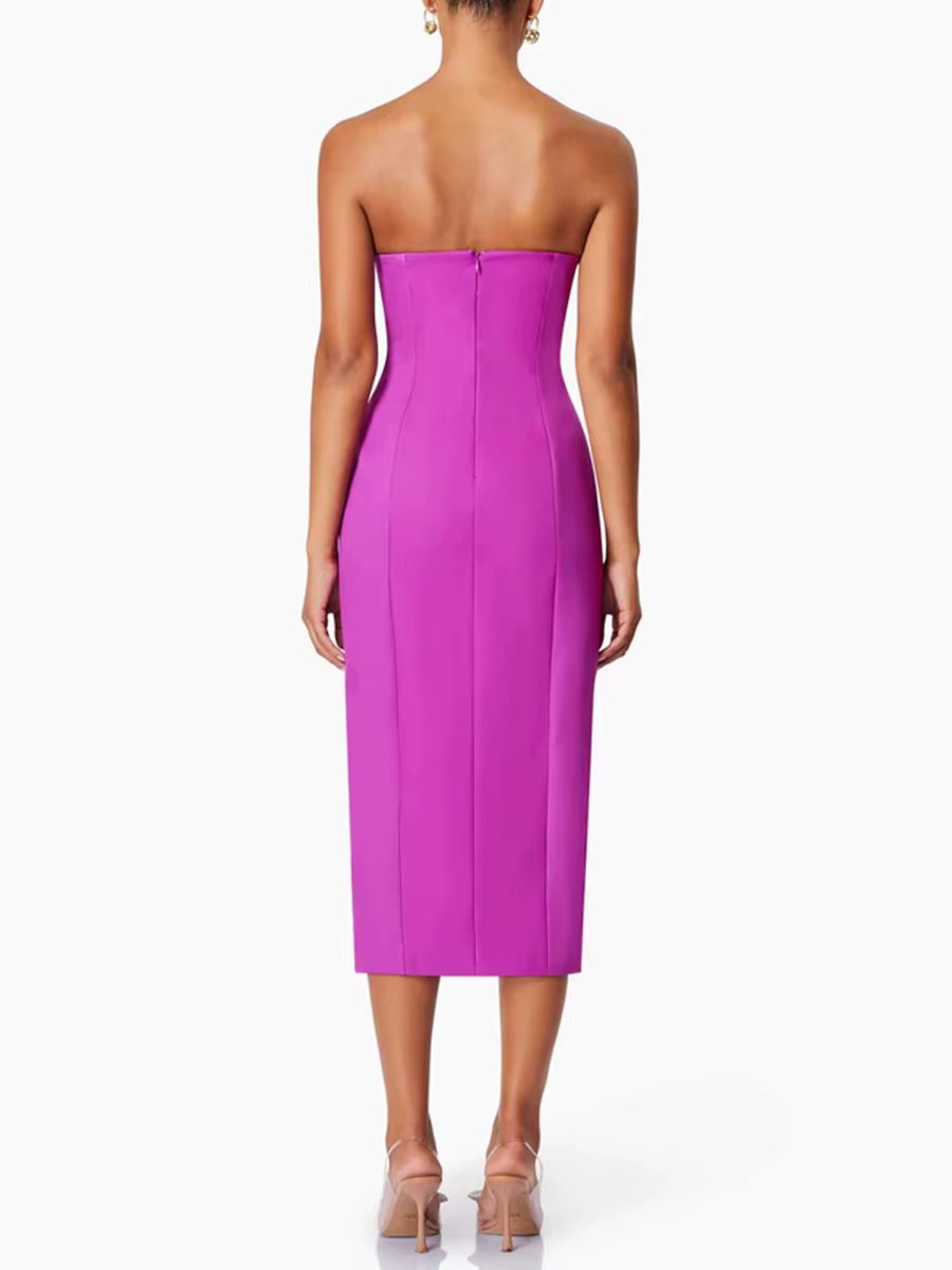 Elegant Strapless Solid Slimming Spliced Appliques High Waist Split Midi Dress - Image 4