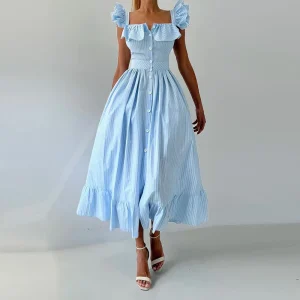 Elegant Striped Ruffles Square Collar Sleeveless Single Breasted Slim Long Dress