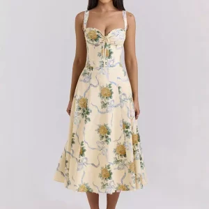 Elegant Sweetheart Pleated Floral Print Heart Neckline Midi Dress