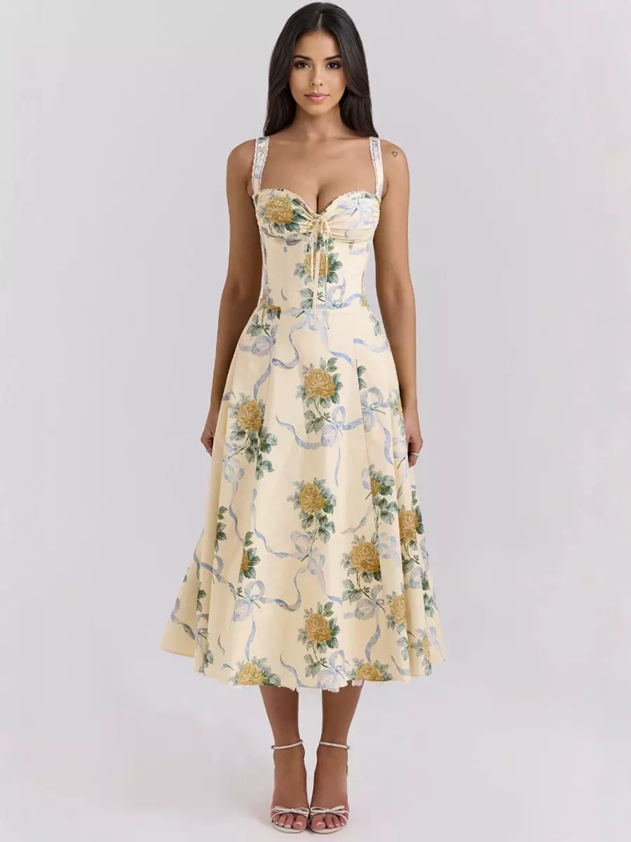 Elegant Sweetheart Pleated Floral Print Heart Neckline Midi Dress