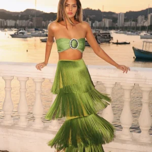 Elegant Tassel A Line High Waist Beach Skirt Bandage Super Short Top Beach Holiday Party Two Piece Sets