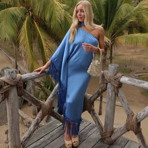 Elegant Tassel One Shoulder Loose Ribbon Full Sleeve Asymmetric Maxi Dress