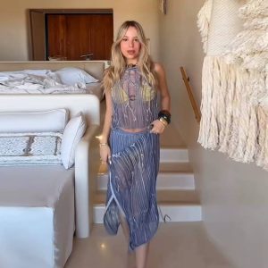 Elegant Through Tassel Cropped Vest Patchwork Split Skirts Two Piece Set