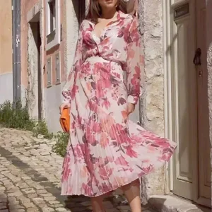 Elegant Turndown Collar Pleated Floral Print Skirt And Long Sleeves Shirt 2-Piece Set