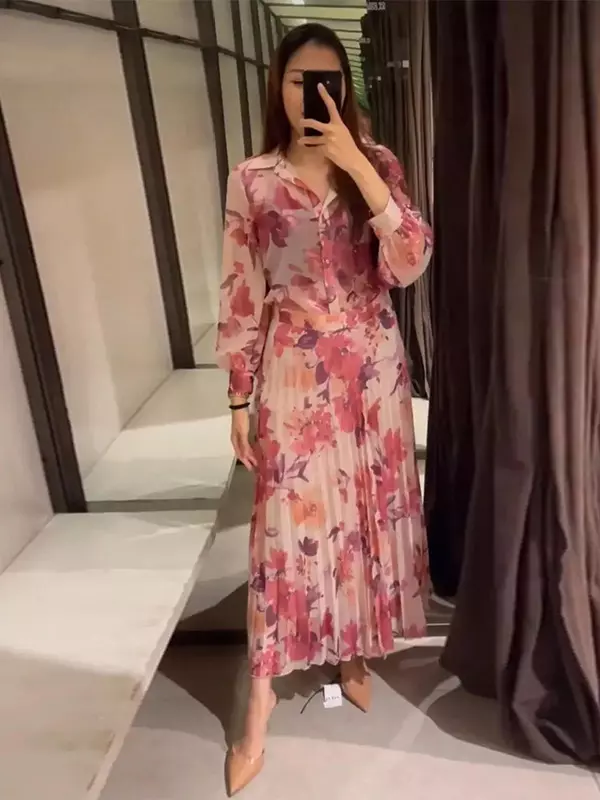 Elegant Turndown Collar Pleated Floral Print Skirt And Long Sleeves Shirt 2-Piece Set - Image 2