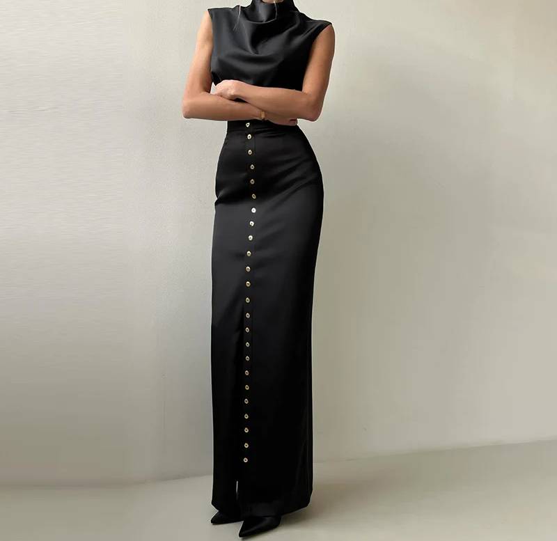 Elegant Turtleneck Sleeveless Top Single Breasted Short Tops Slim Split Skirt 2 Piece Sets - Image 9