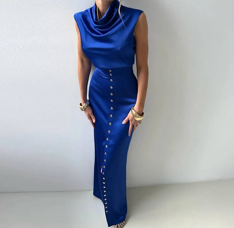 Elegant Turtleneck Sleeveless Top Single Breasted Short Tops Slim Split Skirt 2 Piece Sets - Image 3