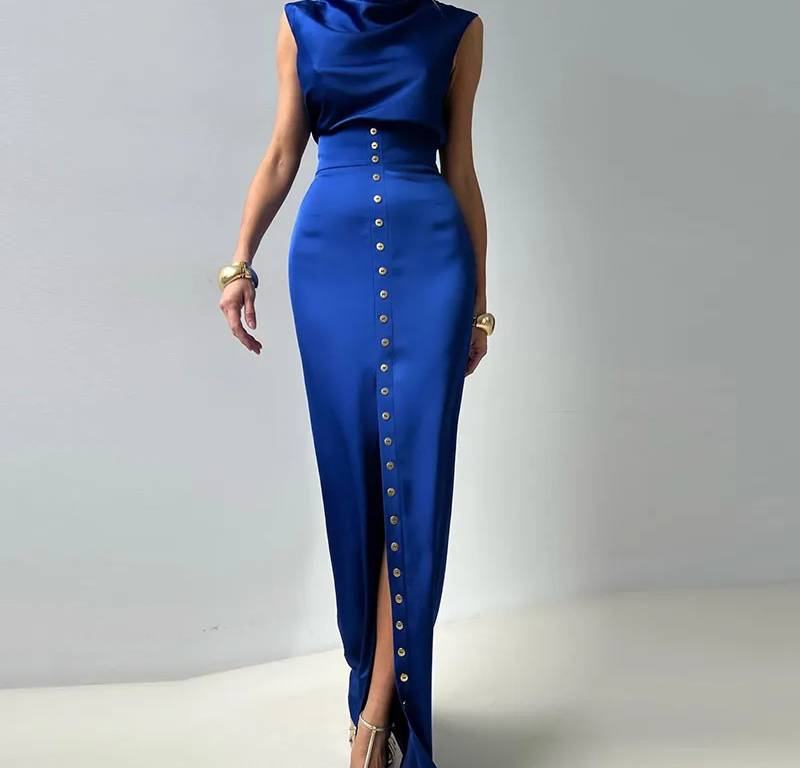 Elegant Turtleneck Sleeveless Top Single Breasted Short Tops Slim Split Skirt 2 Piece Sets - Image 2