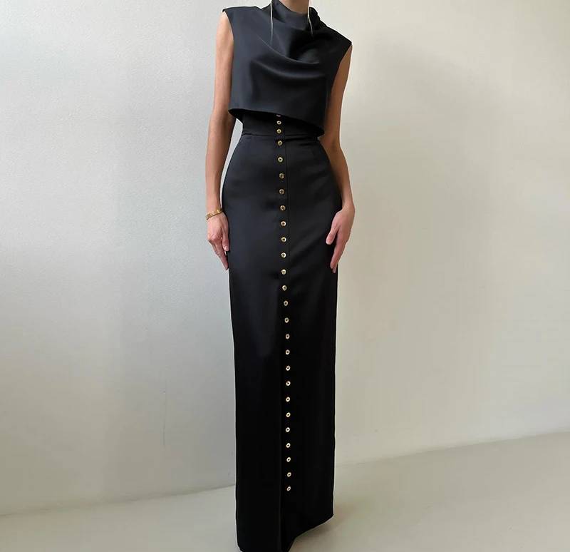 Elegant Turtleneck Sleeveless Top Single Breasted Short Tops Slim Split Skirt 2 Piece Sets - Image 8