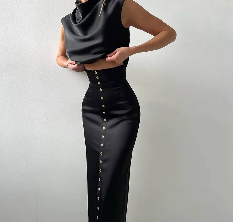 Elegant Turtleneck Sleeveless Top Single Breasted Short Tops Slim Split Skirt 2 Piece Sets - Image 6