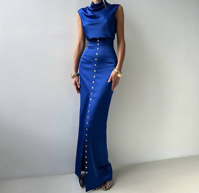 Elegant Turtleneck Sleeveless Top Single Breasted Short Tops Slim Split Skirt 2 Piece Sets - Image 4