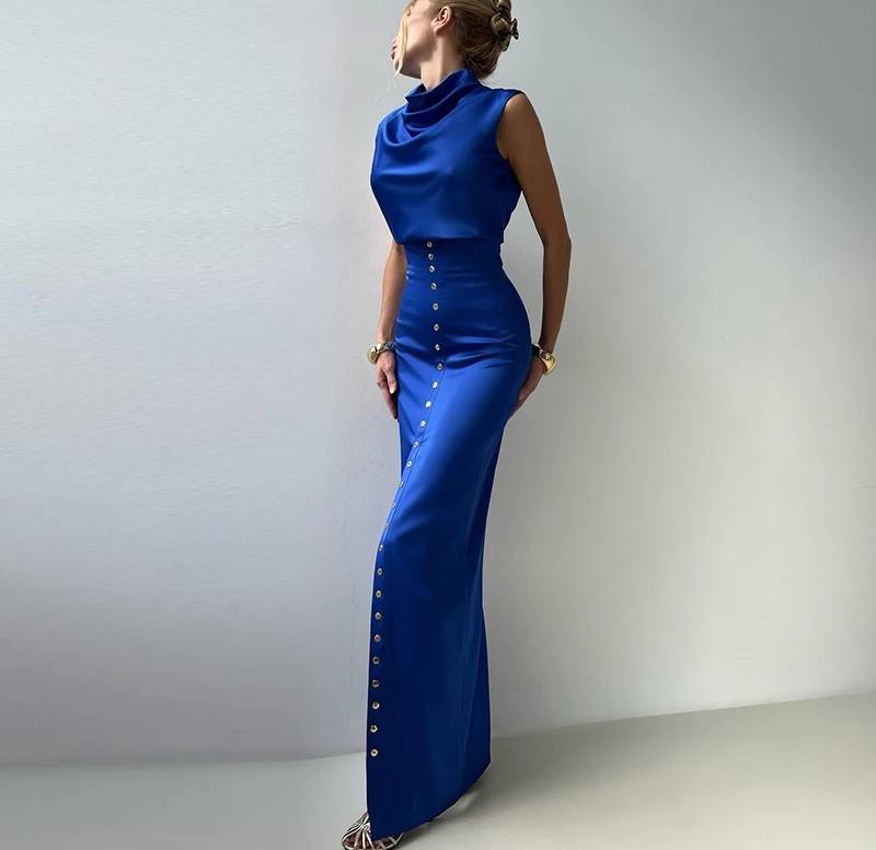 Elegant Turtleneck Sleeveless Top Single Breasted Short Tops Slim Split Skirt 2 Piece Sets