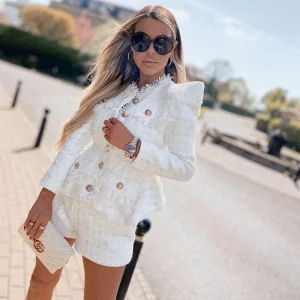 Elegant Tweed Single-breasted Slim Tassels Jacket And High Waist Shorts Suit Celebrity Party Two Piece Sets