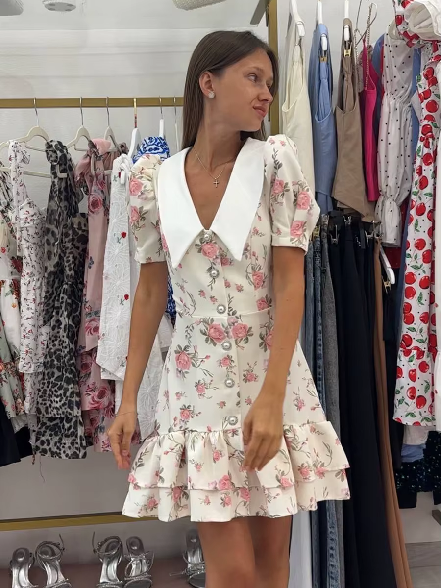 Elegant V-Neck High Waist Pearl Buttons Print Puff Sleeves Ruffled Mini Dress - Image 5