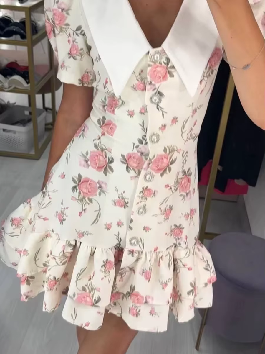 Elegant V-Neck High Waist Pearl Buttons Print Puff Sleeves Ruffled Mini Dress - Image 6