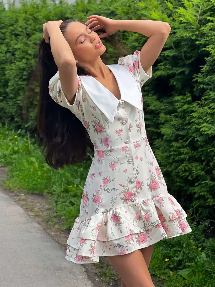 Elegant V-Neck High Waist Pearl Buttons Print Puff Sleeves Ruffled Mini Dress - Image 3