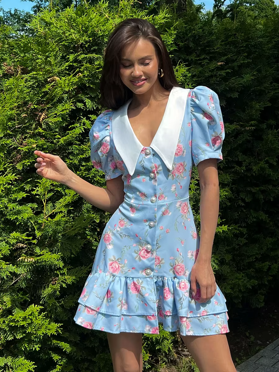 Elegant V-Neck High Waist Pearl Buttons Print Puff Sleeves Ruffled Mini Dress - Image 8