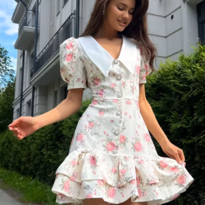 Elegant V-Neck High Waist Pearl Buttons Print Puff Sleeves Ruffled Mini Dress