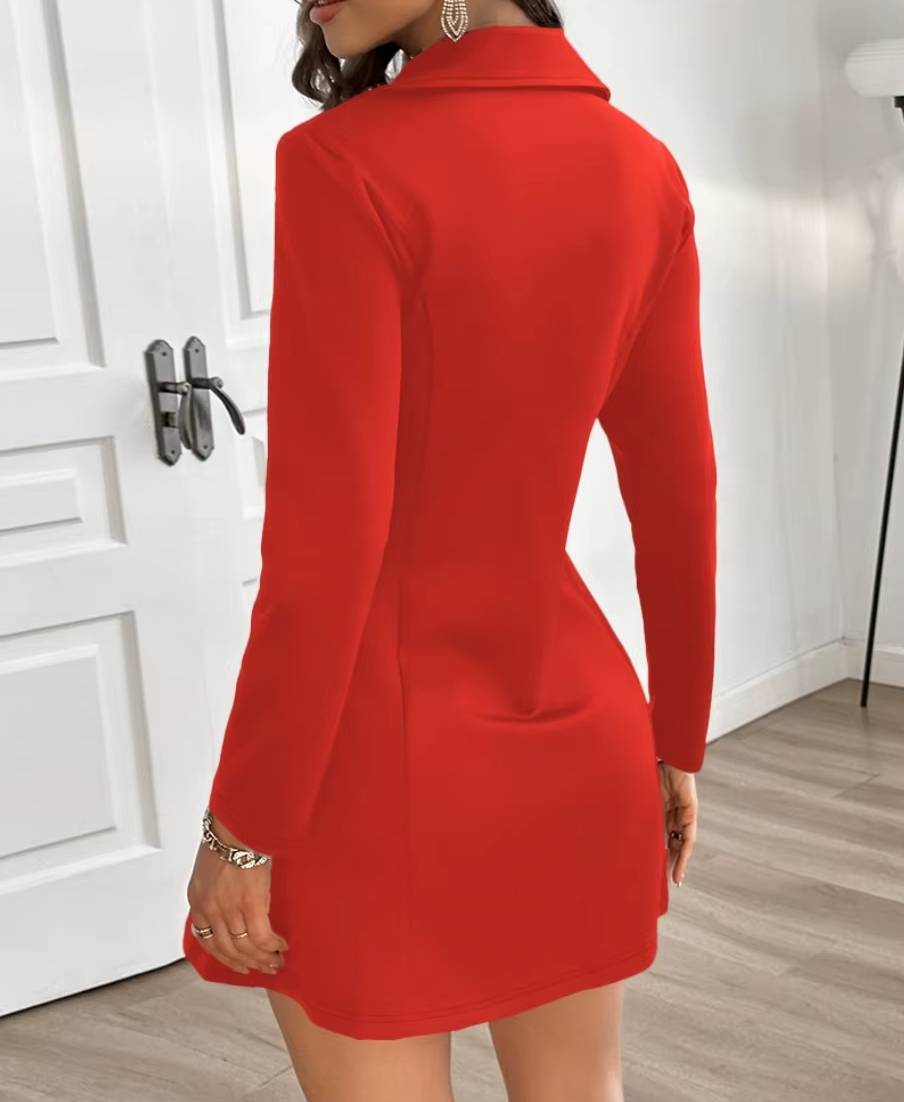 Elegant V Neck Long Sleeve Zipper Buttons A Line Mini Dress - Image 6
