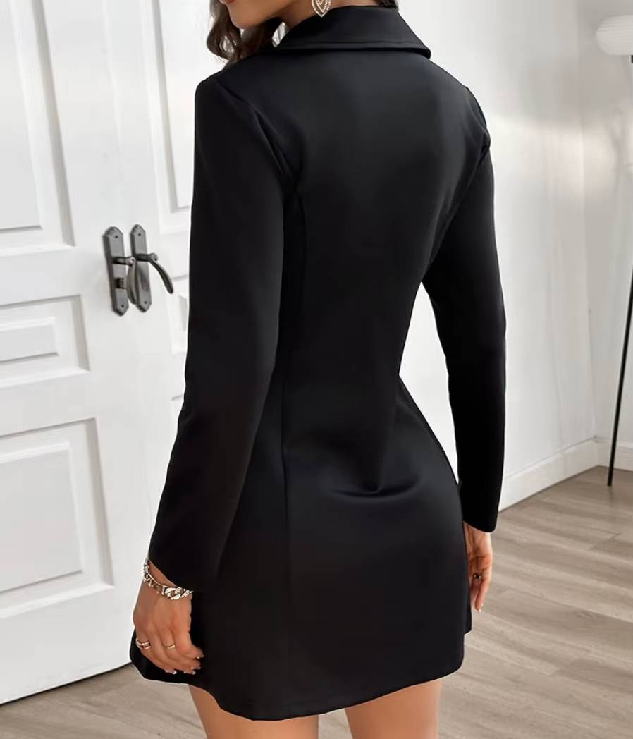 Elegant V Neck Long Sleeve Zipper Buttons A Line Mini Dress - Image 3