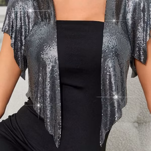 Elegant V Neck Short Sleeve Sequined Metal Sequins T Shirt