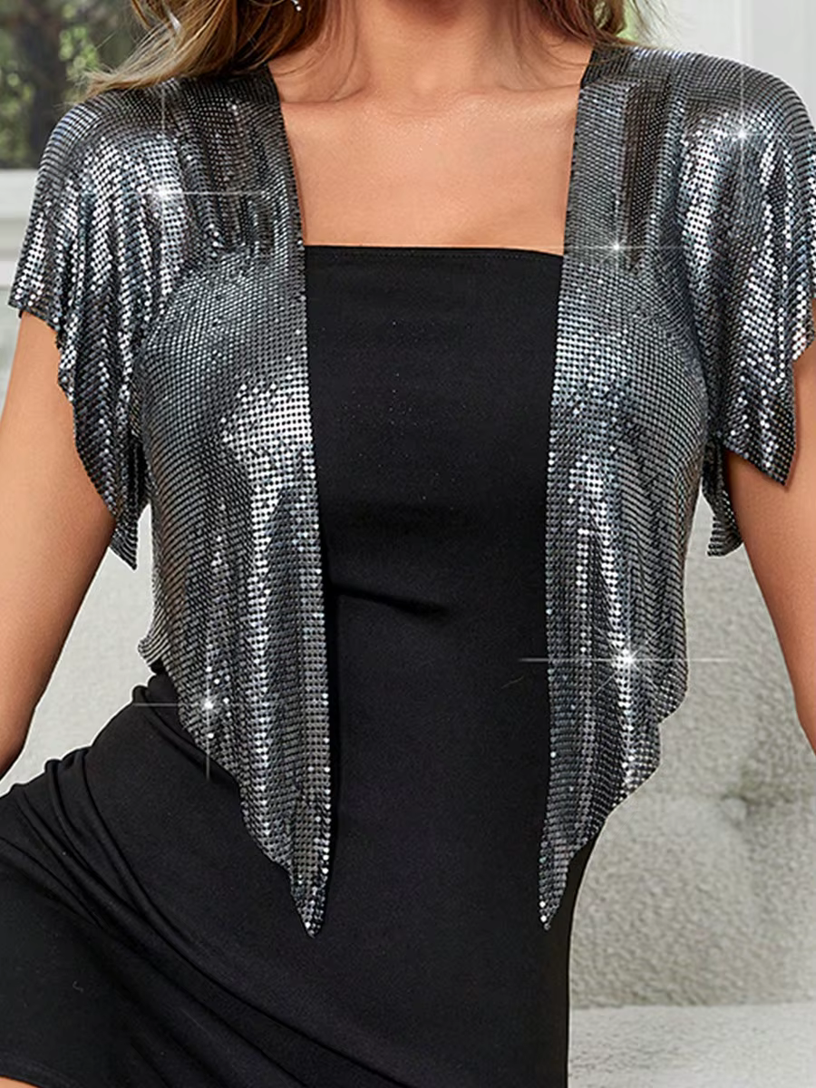 Elegant V Neck Short Sleeve Sequined Metal Sequins T Shirt