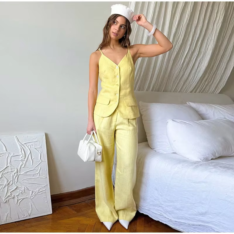 Elegant V-Neck Sleeveless Button Pocket Top Strap Vest Pants Suit Two Piece Set