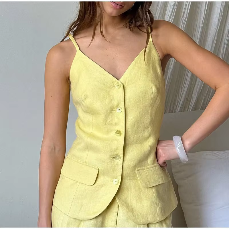 Elegant V-Neck Sleeveless Button Pocket Top Strap Vest Pants Suit Two Piece Set - Image 3