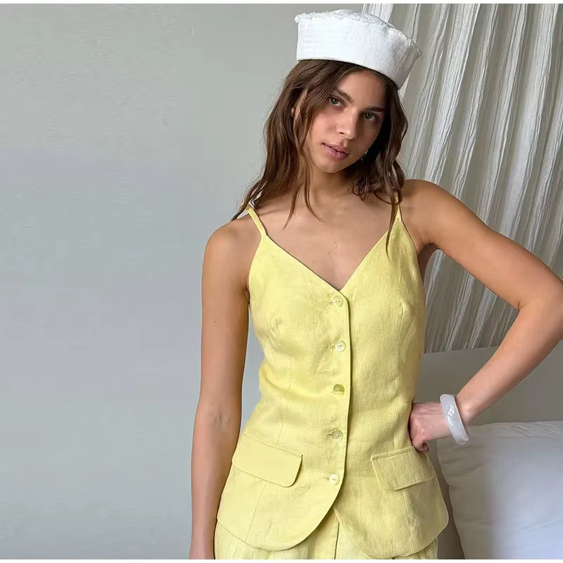 Elegant V-Neck Sleeveless Button Pocket Top Strap Vest Pants Suit Two Piece Set - Image 4