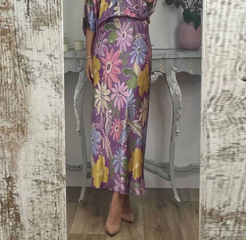 Elegant V-neck Half Sleeve Single Breasted Shirts Loose Waist Skirt 2 Piece Set - Image 2