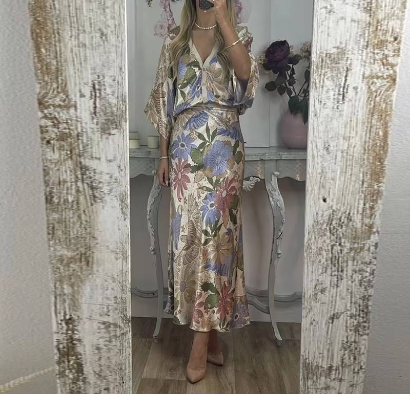 Elegant V-neck Half Sleeve Single Breasted Shirts Loose Waist Skirt 2 Piece Set - Image 3