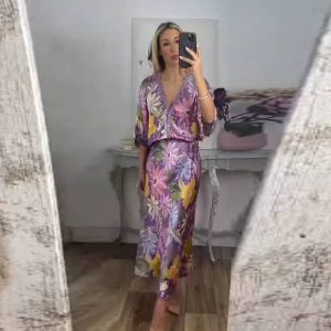 Elegant V-neck Half Sleeve Single Breasted Shirts Loose Waist Skirt 2 Piece Set