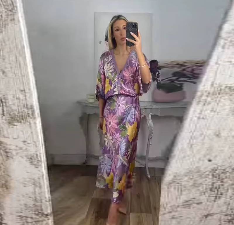 Elegant V-neck Half Sleeve Single Breasted Shirts Loose Waist Skirt 2 Piece Set