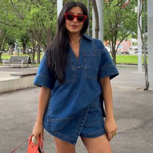 Elegant V-neck Patchwork Half Sleeve Split Shirt Mini Tops And Skirt 2 Piece Set