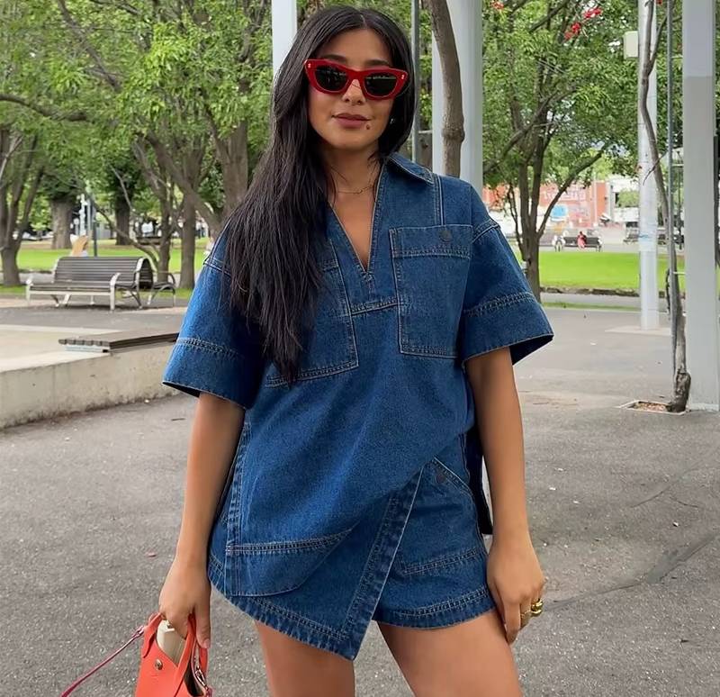 Elegant V-neck Patchwork Half Sleeve Split Shirt Mini Tops And Skirt 2 Piece Set