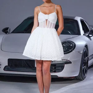 Elegant V-neck Sleeveless With Backless Flower Decoration And Sheer Waist Mini Slip Dress