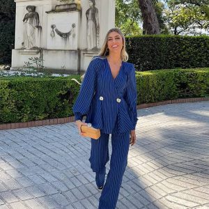 Elegant V-neck Two Button Puff Sleeve Top And Loose Straight Pants 2 Piece Set