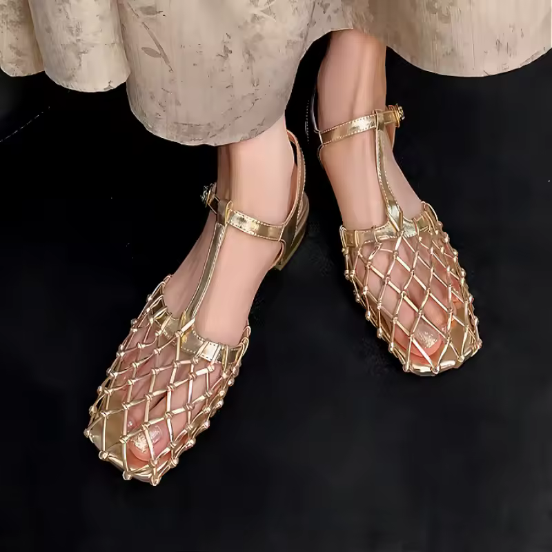 Elegant Weave Mesh Square Toe Low Chunky Designer Pumps Sandals - Image 2