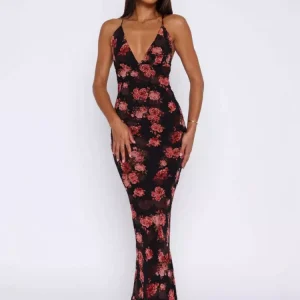 Elegant With Plunge Neckline Floral Print Bodycon Maxi Slip Dress