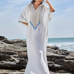 Embroidery And Side Slit Resort Wear Cover-up Kaftan Dress
