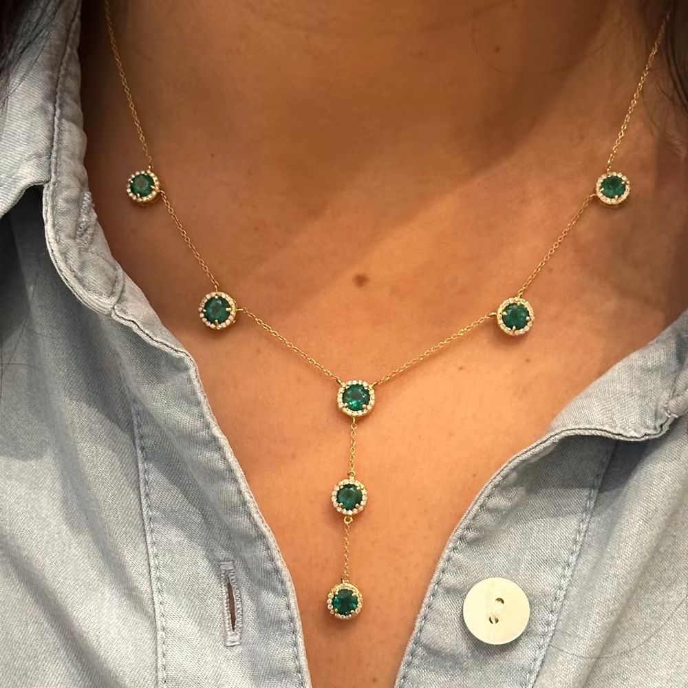 Emerald Crystal Y Shape Long Tassel Clavicle Chain Choker Necklace