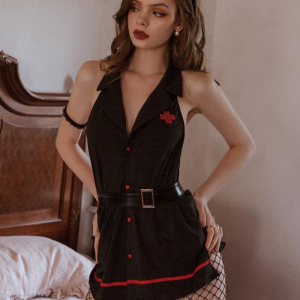 Erotic Fashion Nurse Costume Halloween Polyester Set Hat Dress