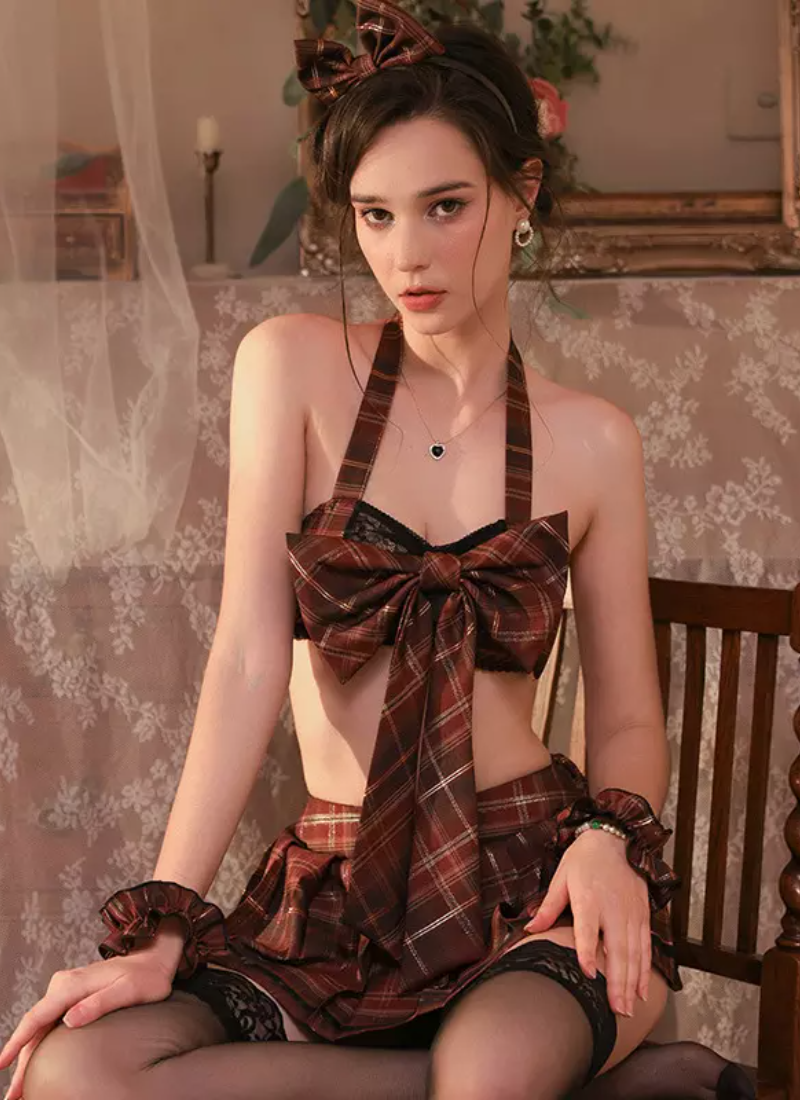 Erotic Halloween Costume Fiber Halter Neck Bow Arm Wear Skirt Headwear Top - Image 4