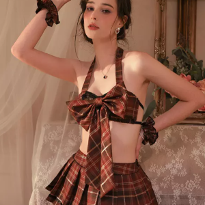 Erotic Halloween Costume Fiber Halter Neck Bow Arm Wear Skirt Headwear Top