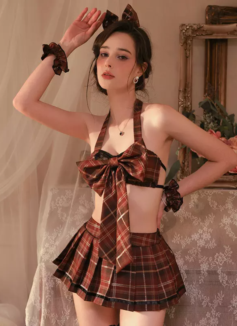 Erotic Halloween Costume Fiber Halter Neck Bow Arm Wear Skirt Headwear Top