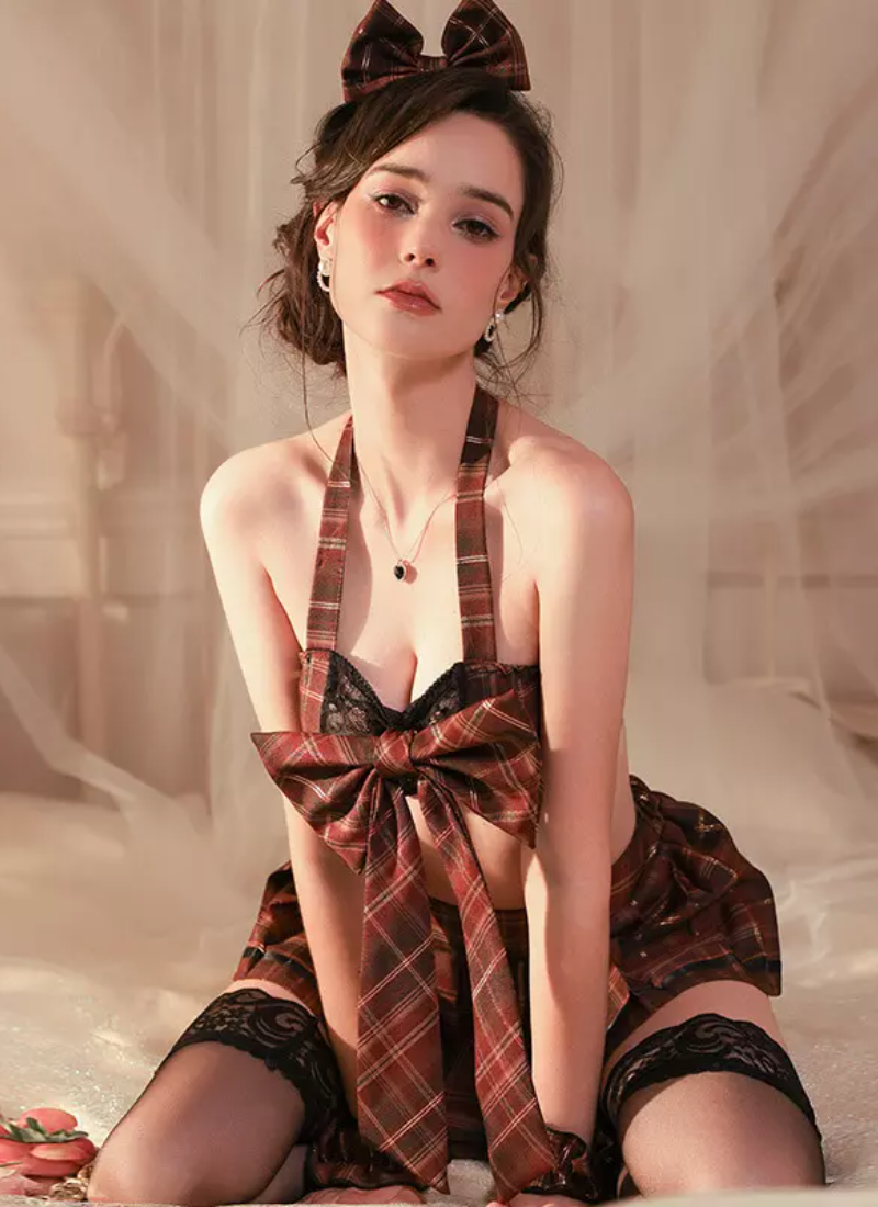 Erotic Halloween Costume Fiber Halter Neck Bow Arm Wear Skirt Headwear Top - Image 2