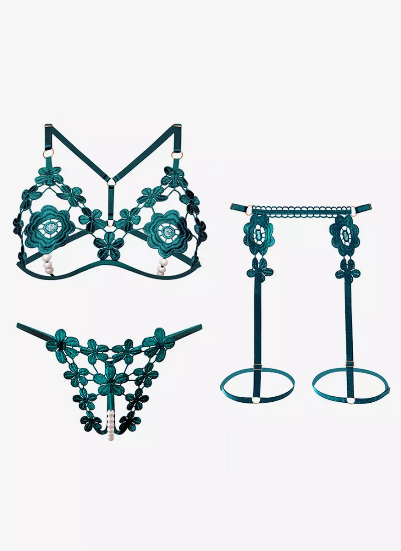 Erotic Open Cup Bra Panty Sets White Studded 3-Piece Lace Flower Lingerie - Image 4