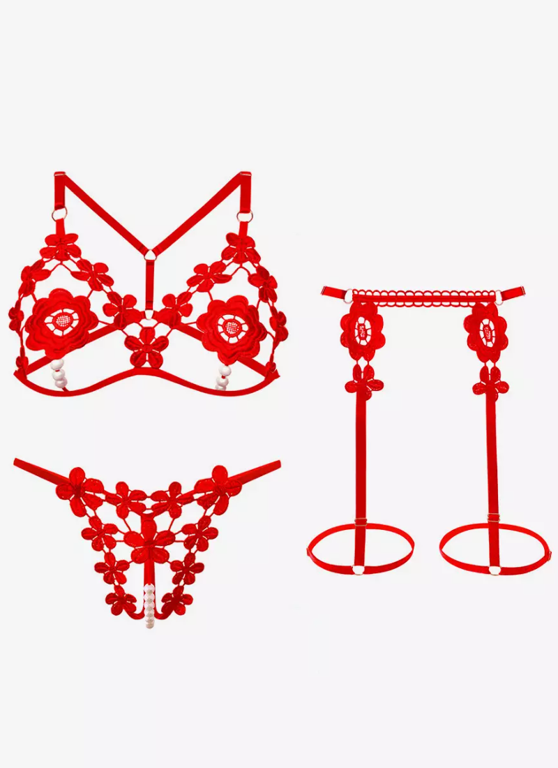 Erotic Open Cup Bra Panty Sets White Studded 3-Piece Lace Flower Lingerie - Image 5